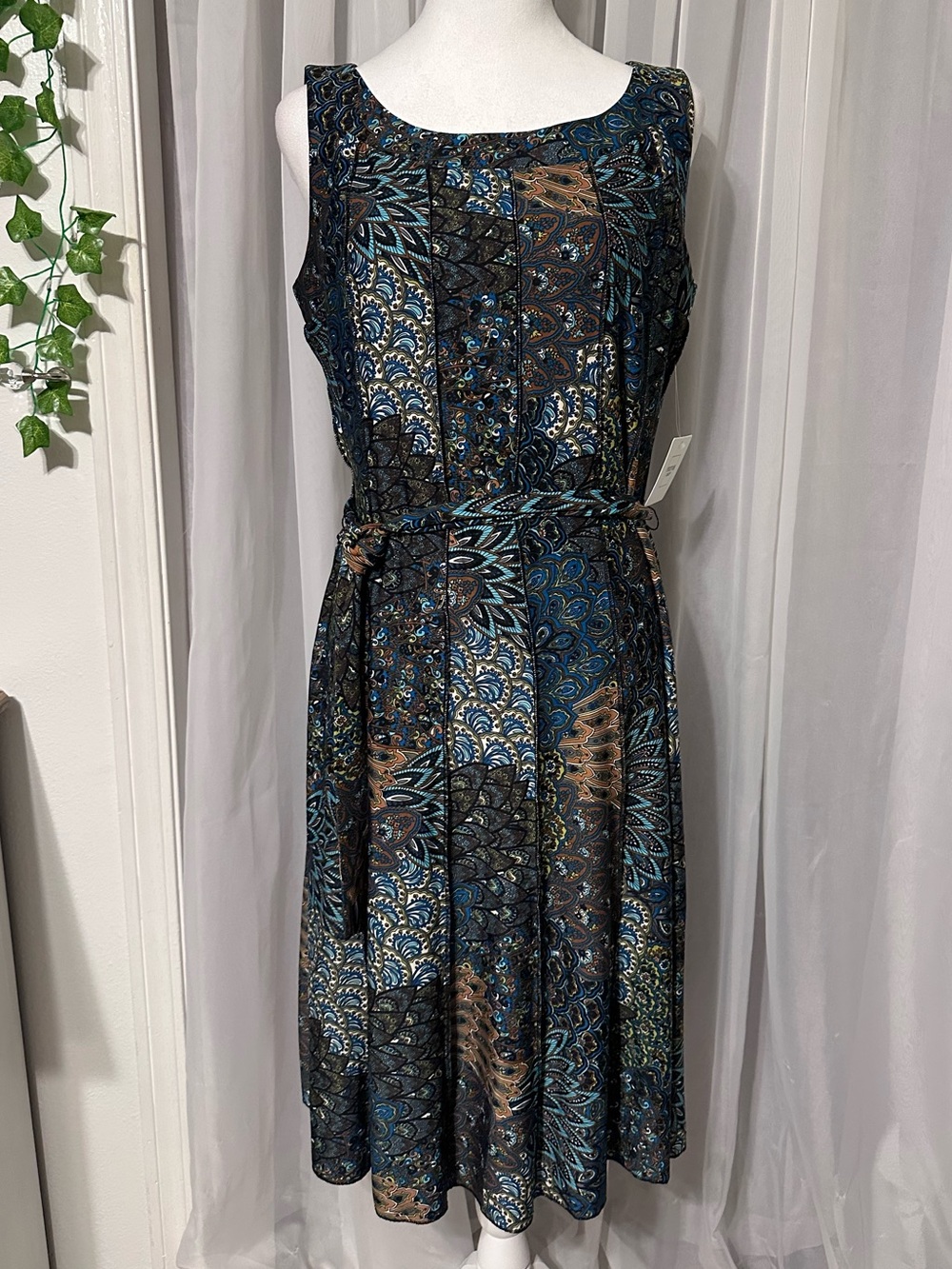 Perseption Concept Teal & Brown A-Line Tie Waist Sleeveless Tank Dress Size S